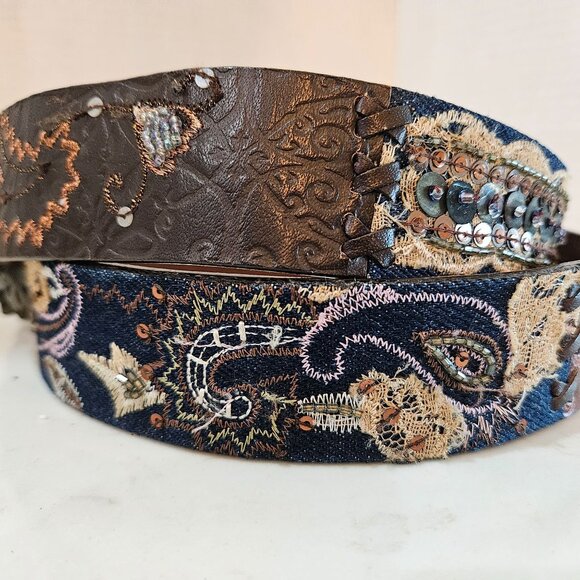 Chico's Belt Size Large Artisan Leather Decorative Metallic Embroidery Ornate - Picture 4 of 12